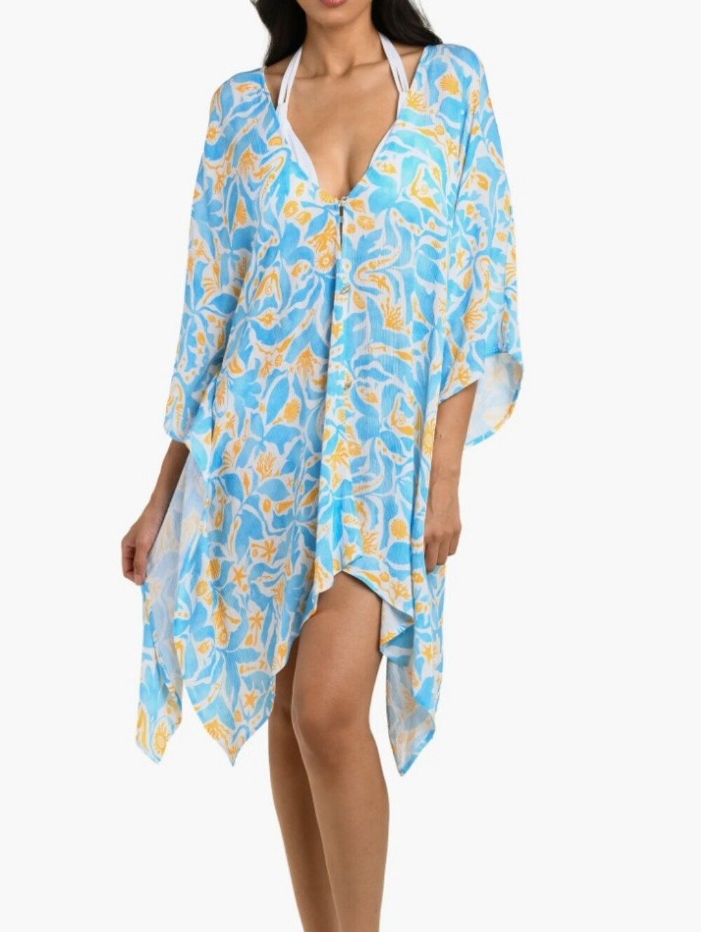 La Blanca Sky Blue and Yellow Floral Swim Cover-Up Caftan